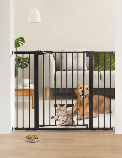 36 Inch Extra Tall Baby Gate with Cat Door, 29-40" Metal Dog Gate, Cat Gate for Stairs, Doorways, Auto Close Safety Gate with Pet Door, Easy Walk Thru, White