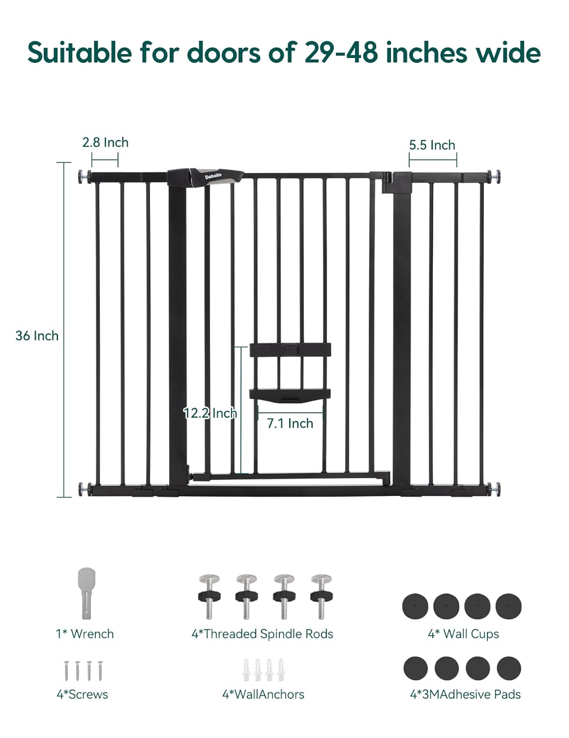 36 Inch Extra Tall Baby Gate with Cat Door, 29-40" Metal Dog Gate, Cat Gate for Stairs, Doorways, Auto Close Safety Gate with Pet Door, Easy Walk Thru, White