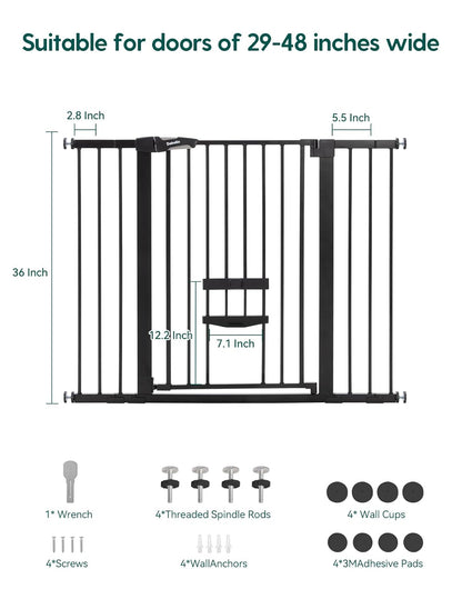36 Inch Extra Tall Baby Gate with Cat Door, 29-40" Metal Dog Gate, Cat Gate for Stairs, Doorways, Auto Close Safety Gate with Pet Door, Easy Walk Thru, White