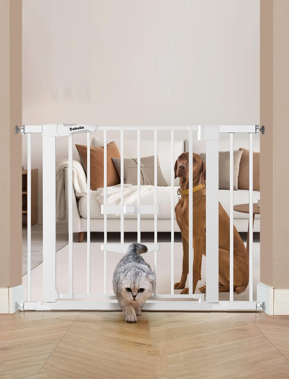 36 Inch Extra Tall Baby Gate with Cat Door, 29-40" Metal Dog Gate, Cat Gate for Stairs, Doorways, Auto Close Safety Gate with Pet Door, Easy Walk Thru, White