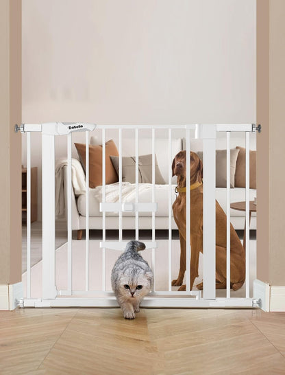 36 Inch Extra Tall Baby Gate with Cat Door, 29-40" Metal Dog Gate, Cat Gate for Stairs, Doorways, Auto Close Safety Gate with Pet Door, Easy Walk Thru, White