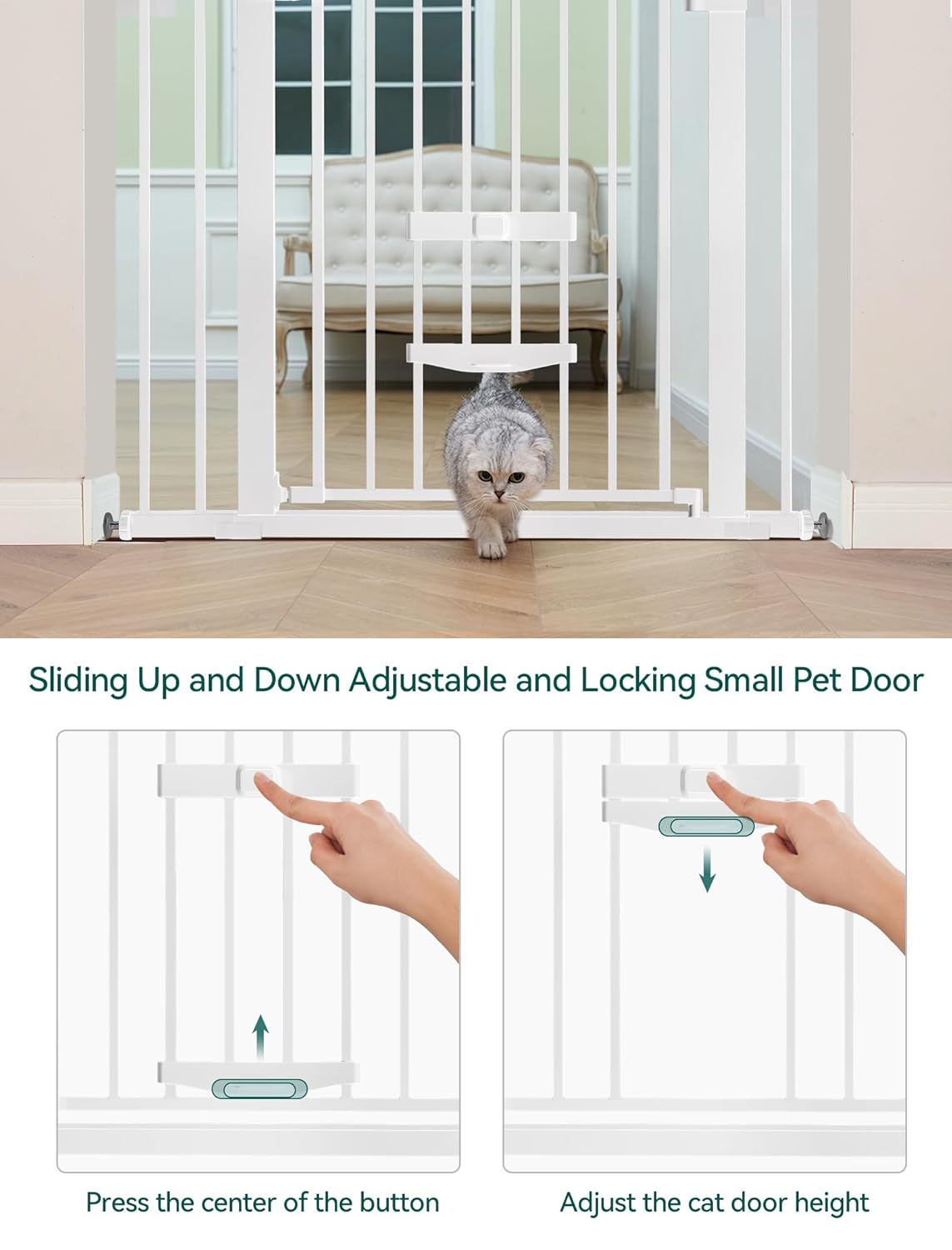 36 Inch Extra Tall Baby Gate with Cat Door, 29-40" Metal Dog Gate, Cat Gate for Stairs, Doorways, Auto Close Safety Gate with Pet Door, Easy Walk Thru, White