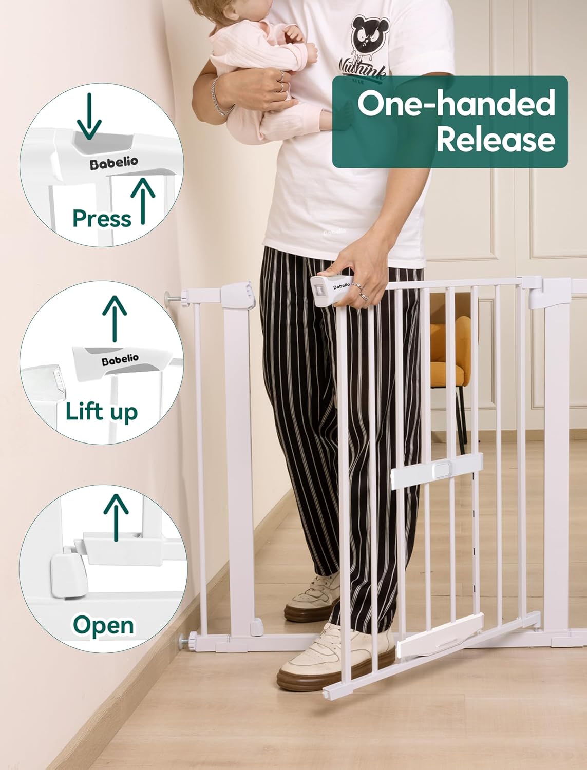 36 Inch Extra Tall Baby Gate with Cat Door, 29-40" Metal Dog Gate, Cat Gate for Stairs, Doorways, Auto Close Safety Gate with Pet Door, Easy Walk Thru, White