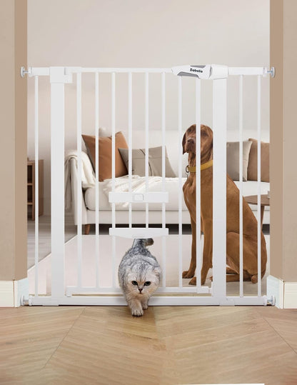 36 Inch Extra Tall Baby Gate with Cat Door, 29-40" Metal Dog Gate, Cat Gate for Stairs, Doorways, Auto Close Safety Gate with Pet Door, Easy Walk Thru, White