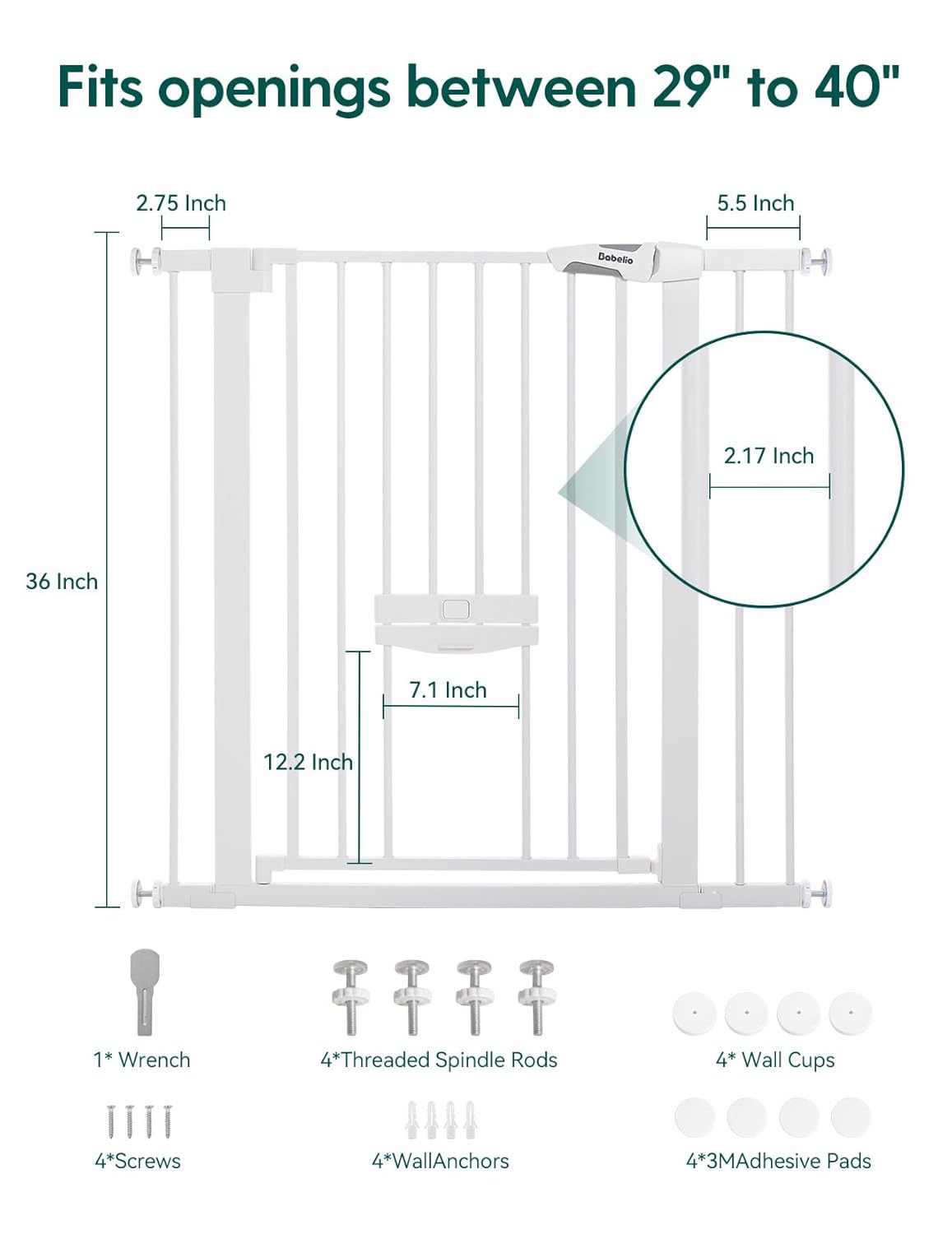 36 Inch Extra Tall Baby Gate with Cat Door, 29-40" Metal Dog Gate, Cat Gate for Stairs, Doorways, Auto Close Safety Gate with Pet Door, Easy Walk Thru, White