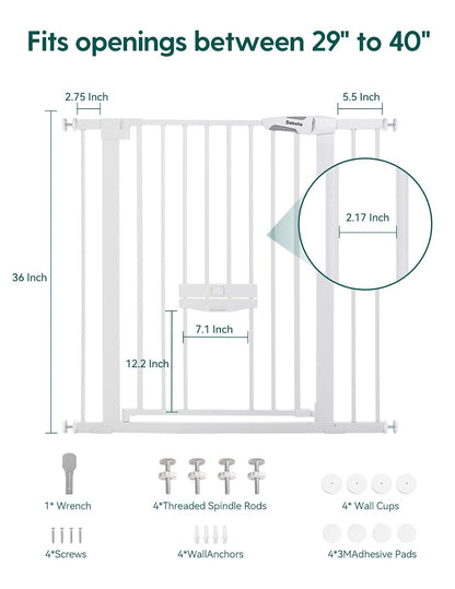 36 Inch Extra Tall Baby Gate with Cat Door, 29-40" Metal Dog Gate, Cat Gate for Stairs, Doorways, Auto Close Safety Gate with Pet Door, Easy Walk Thru, White