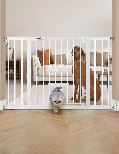 36 Inch Extra Tall Baby Gate with Cat Door, 29-40" Metal Dog Gate, Cat Gate for Stairs, Doorways, Auto Close Safety Gate with Pet Door, Easy Walk Thru, White