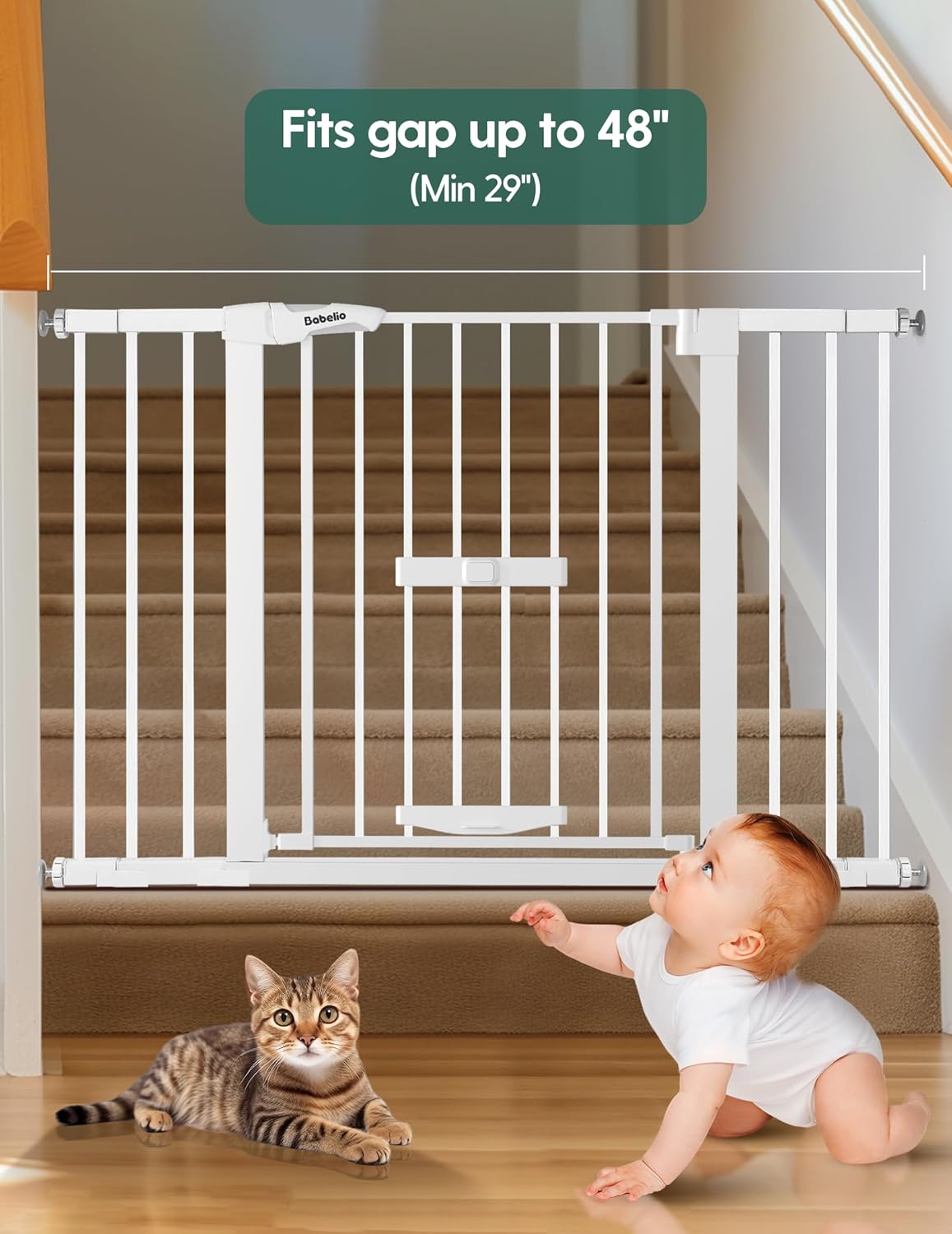 36 Inch Extra Tall Baby Gate with Cat Door, 29-40" Metal Dog Gate, Cat Gate for Stairs, Doorways, Auto Close Safety Gate with Pet Door, Easy Walk Thru, White