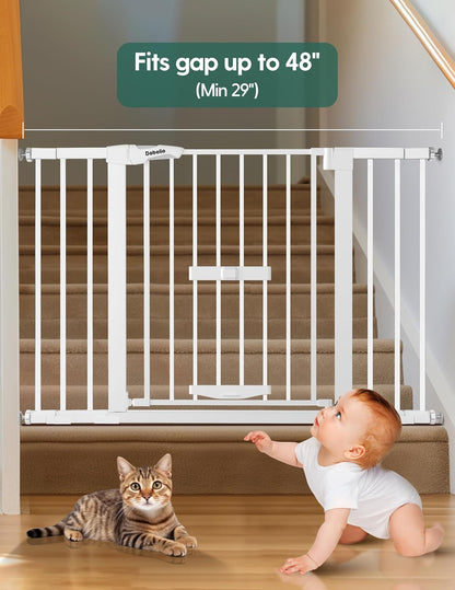 36 Inch Extra Tall Baby Gate with Cat Door, 29-40" Metal Dog Gate, Cat Gate for Stairs, Doorways, Auto Close Safety Gate with Pet Door, Easy Walk Thru, White