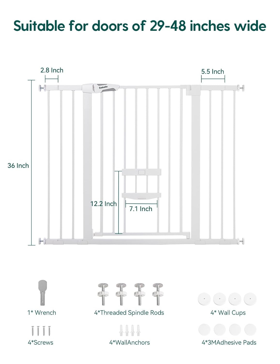 36 Inch Extra Tall Baby Gate with Cat Door, 29-40" Metal Dog Gate, Cat Gate for Stairs, Doorways, Auto Close Safety Gate with Pet Door, Easy Walk Thru, White