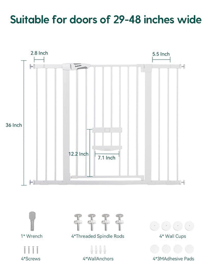36 Inch Extra Tall Baby Gate with Cat Door, 29-40" Metal Dog Gate, Cat Gate for Stairs, Doorways, Auto Close Safety Gate with Pet Door, Easy Walk Thru, White