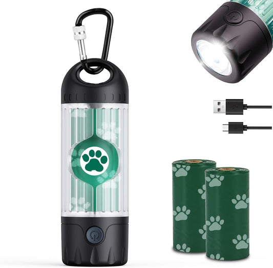 3-in-1 Dog Poop Bag Holder with Flashlight 7-Color, USB-C Rechargeable doggie bag holder for leash, IPX6 Waterproof Anti-Slip Clip Pet Waste Bag Dispenser for Walking (1 Dispenser, 30 Bags)