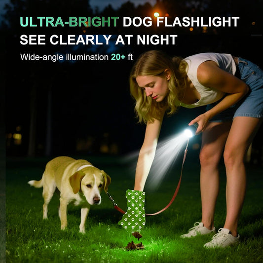 3-in-1 Dog Poop Bag Holder with Flashlight 7-Color, USB-C Rechargeable doggie bag holder for leash, IPX6 Waterproof Anti-Slip Clip Pet Waste Bag Dispenser for Walking (1 Dispenser, 30 Bags)