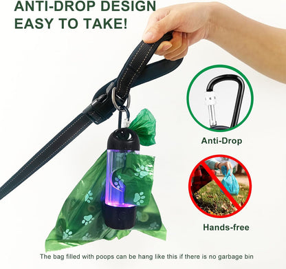 3-in-1 Dog Poop Bag Holder with Flashlight 7-Color, USB-C Rechargeable doggie bag holder for leash, IPX6 Waterproof Anti-Slip Clip Pet Waste Bag Dispenser for Walking (1 Dispenser, 30 Bags)
