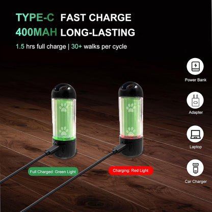 3-in-1 Dog Poop Bag Holder with Flashlight 7-Color, USB-C Rechargeable doggie bag holder for leash, IPX6 Waterproof Anti-Slip Clip Pet Waste Bag Dispenser for Walking (1 Dispenser, 30 Bags)