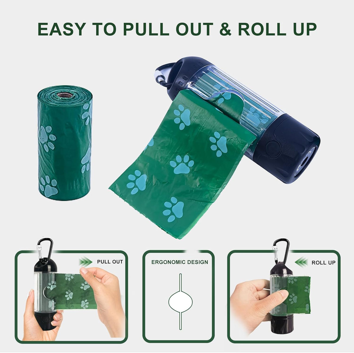 3-in-1 Dog Poop Bag Holder with Flashlight 7-Color, USB-C Rechargeable doggie bag holder for leash, IPX6 Waterproof Anti-Slip Clip Pet Waste Bag Dispenser for Walking (1 Dispenser, 30 Bags)