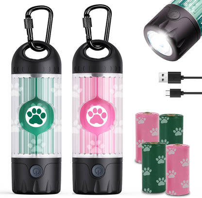 3-in-1 Dog Poop Bag Holder with Flashlight 7-Color, USB-C Rechargeable doggie bag holder for leash, IPX6 Waterproof Anti-Slip Clip Pet Waste Bag Dispenser for Walking (1 Dispenser, 30 Bags)