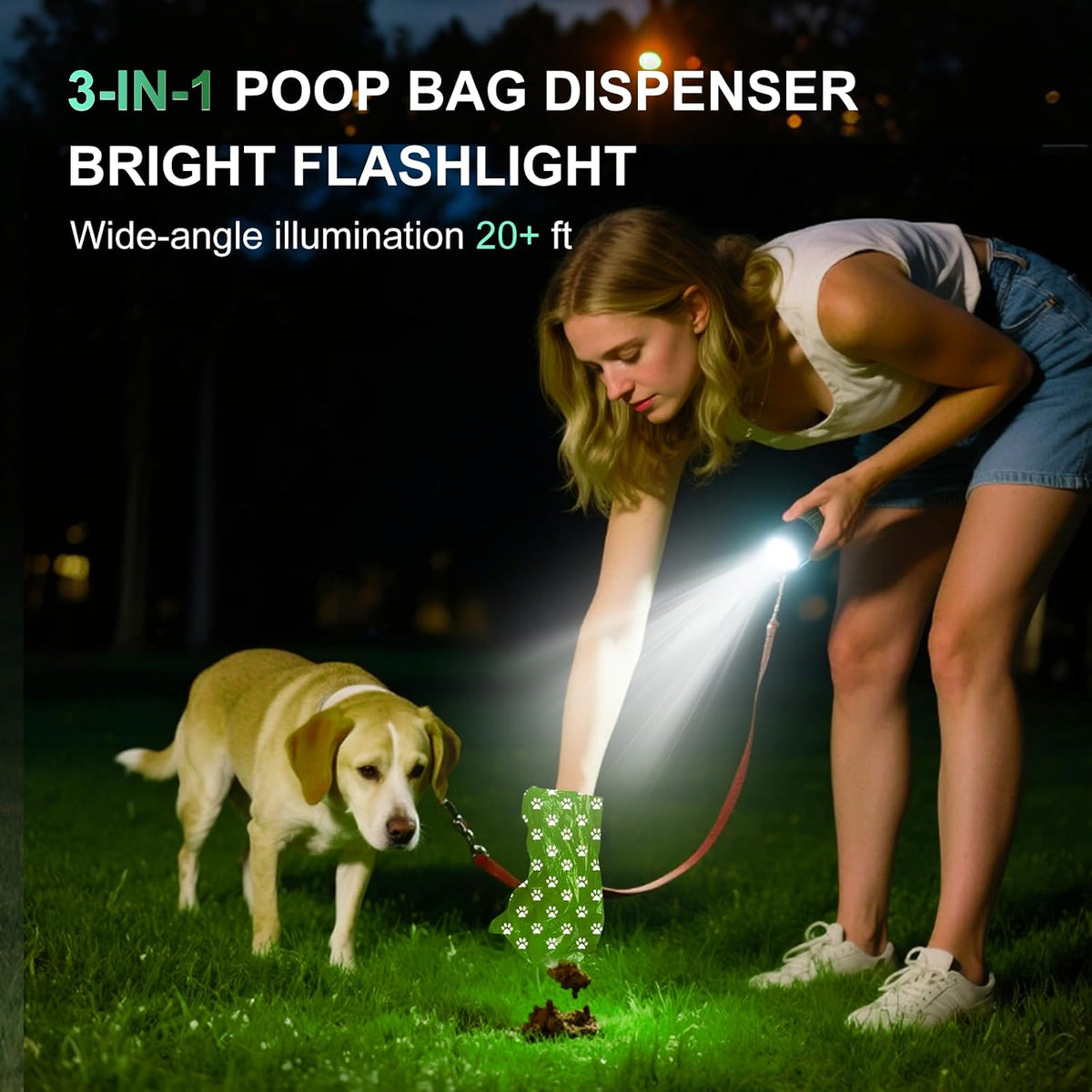 3-in-1 Dog Poop Bag Holder with Flashlight 7-Color, USB-C Rechargeable doggie bag holder for leash, IPX6 Waterproof Anti-Slip Clip Pet Waste Bag Dispenser for Walking (1 Dispenser, 30 Bags)
