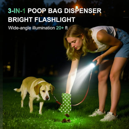 3-in-1 Dog Poop Bag Holder with Flashlight 7-Color, USB-C Rechargeable doggie bag holder for leash, IPX6 Waterproof Anti-Slip Clip Pet Waste Bag Dispenser for Walking (1 Dispenser, 30 Bags)