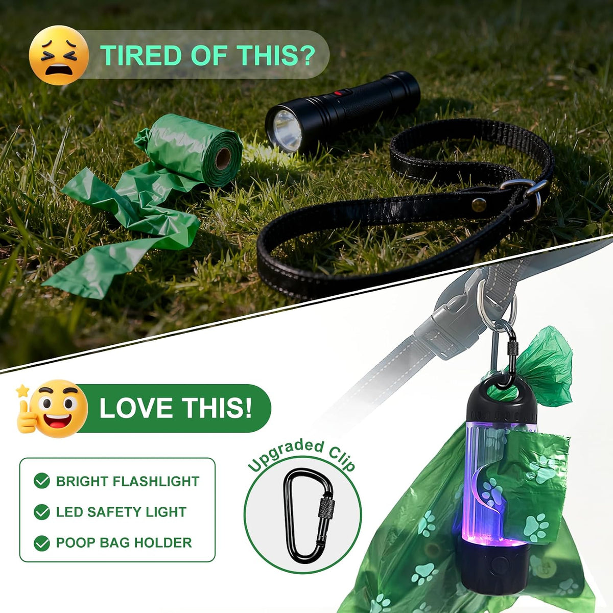 3-in-1 Dog Poop Bag Holder with Flashlight 7-Color, USB-C Rechargeable doggie bag holder for leash, IPX6 Waterproof Anti-Slip Clip Pet Waste Bag Dispenser for Walking (1 Dispenser, 30 Bags)