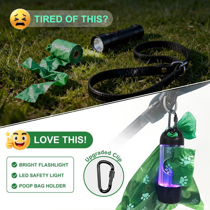 3-in-1 Dog Poop Bag Holder with Flashlight 7-Color, USB-C Rechargeable doggie bag holder for leash, IPX6 Waterproof Anti-Slip Clip Pet Waste Bag Dispenser for Walking (1 Dispenser, 30 Bags)