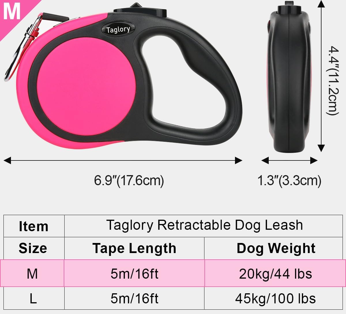 Retractable Dog Leash, One-Handed Brake, 16ft, Up to 44 lbs, Pink