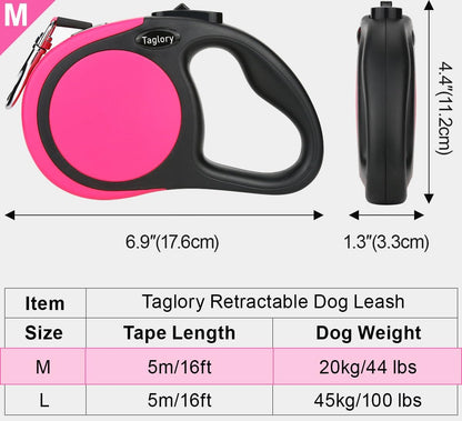 Retractable Dog Leash, One-Handed Brake, 16ft, Up to 44 lbs, Pink