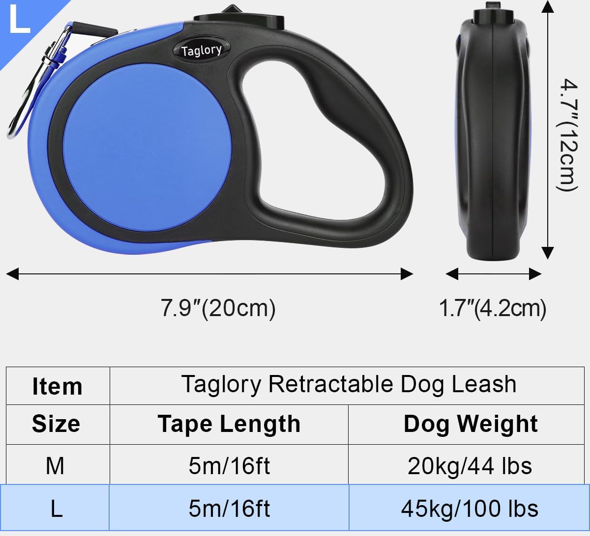 Retractable Dog Leash, One-Handed Brake, 16ft, Up to 44 lbs, Pink