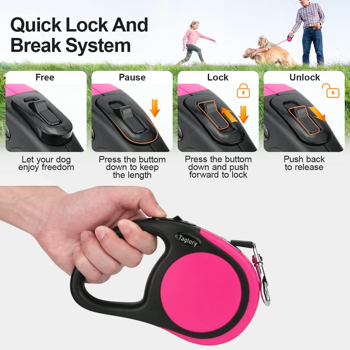 Retractable Dog Leash, One-Handed Brake, 16ft, Up to 44 lbs, Pink