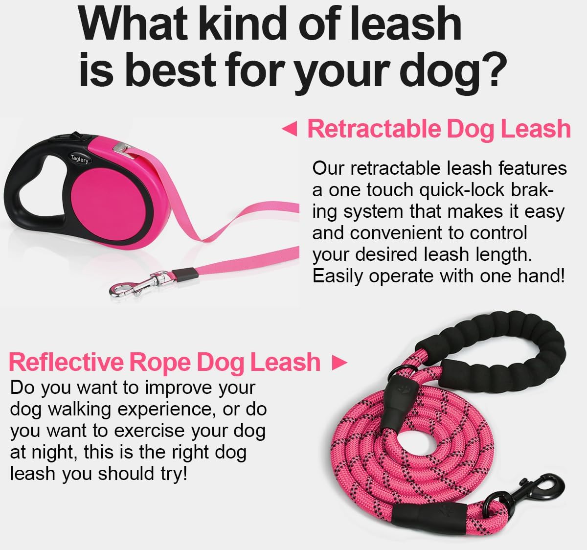 Retractable Dog Leash, One-Handed Brake, 16ft, Up to 44 lbs, Pink