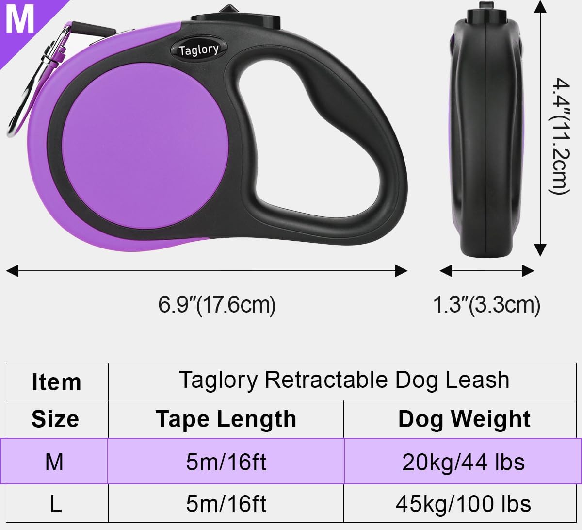 Retractable Dog Leash, One-Handed Brake, 16ft, Up to 44 lbs, Pink