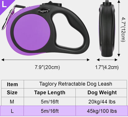 Retractable Dog Leash, One-Handed Brake, 16ft, Up to 44 lbs, Pink