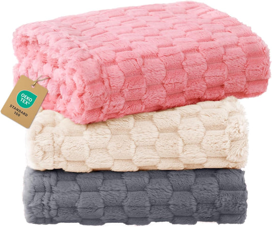 300GSM Fleece Dog Blanket Washable Soft Pcs3-Grey/White/Pink, S