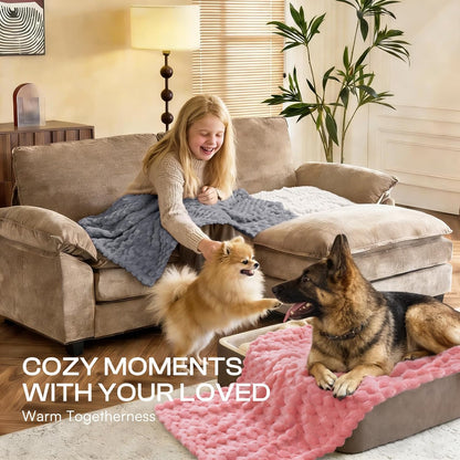 300GSM Fleece Dog Blanket Washable Soft Pcs3-Grey/White/Pink, S