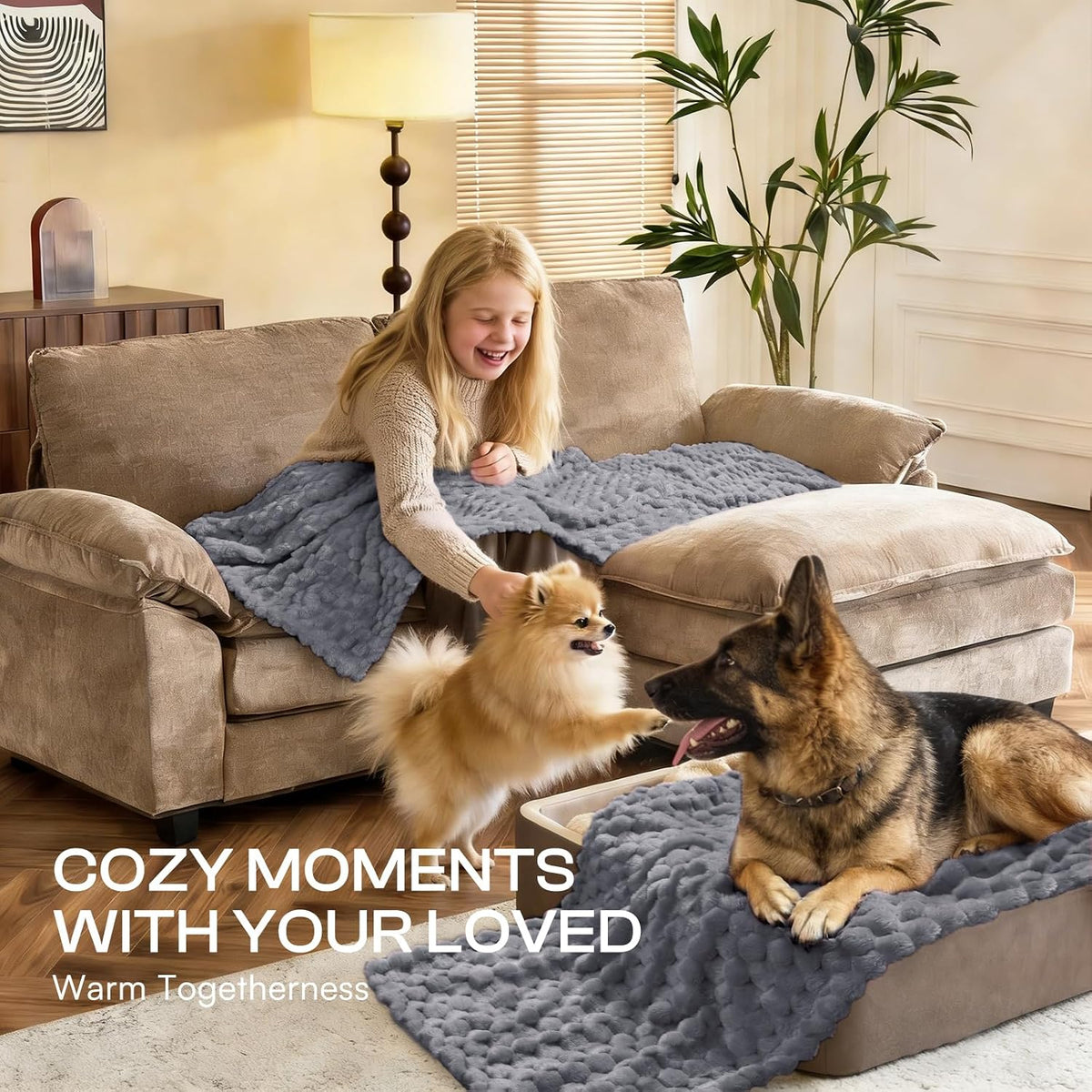 300GSM Fleece Dog Blanket Washable Soft Pcs3-Grey/White/Pink, S