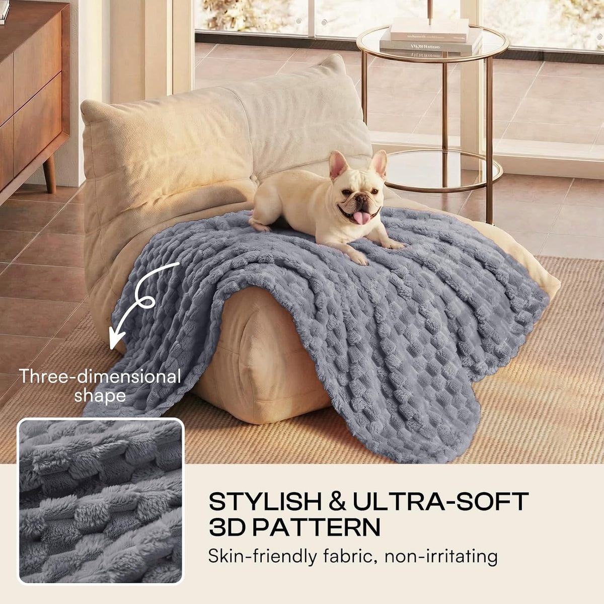 300GSM Fleece Dog Blanket Washable Soft Pcs3-Grey/White/Pink, S