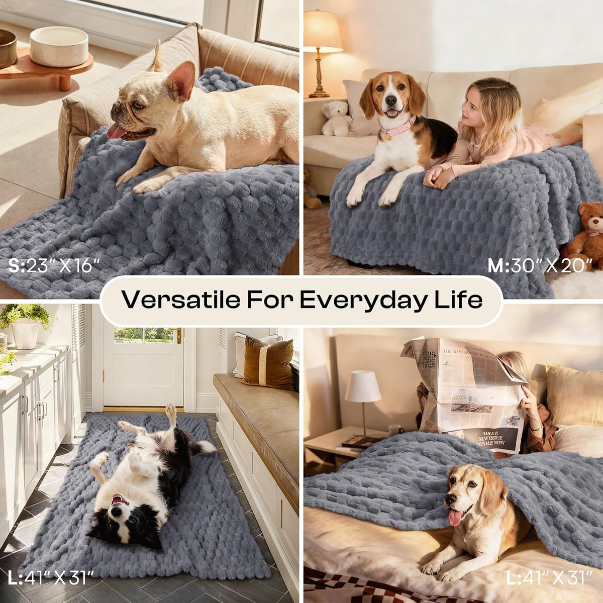 300GSM Fleece Dog Blanket Washable Soft Pcs3-Grey/White/Pink, S