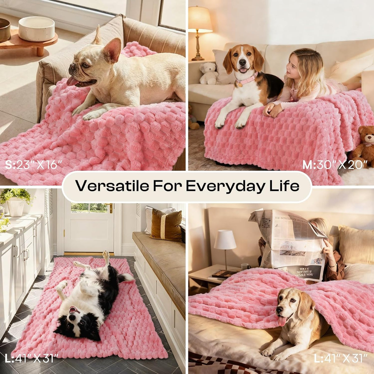 300GSM Fleece Dog Blanket Washable Soft Pcs3-Grey/White/Pink, S