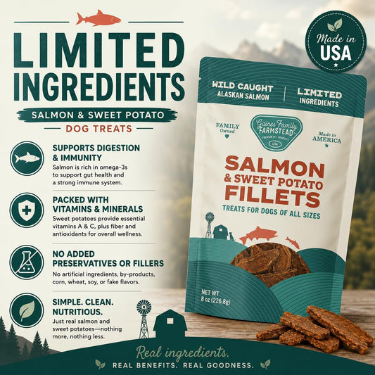 Salmon & Sweet Potato Fillets for Dogs – 8 oz, All-Natural Soft Chews, Wild-Caught Alaskan Salmon, Limited-Ingredient Dog Treats, Made in USA