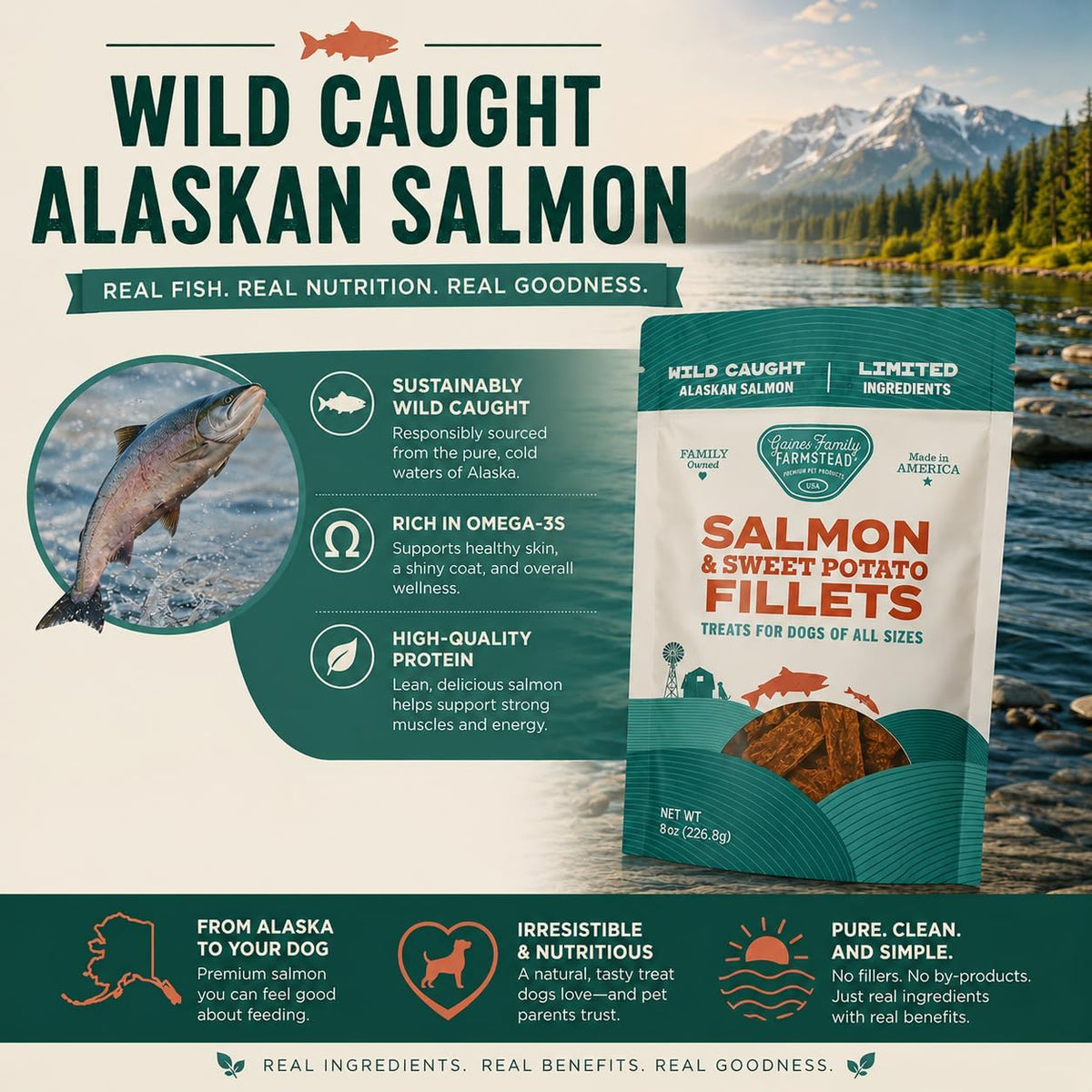 Salmon & Sweet Potato Fillets for Dogs – 8 oz, All-Natural Soft Chews, Wild-Caught Alaskan Salmon, Limited-Ingredient Dog Treats, Made in USA