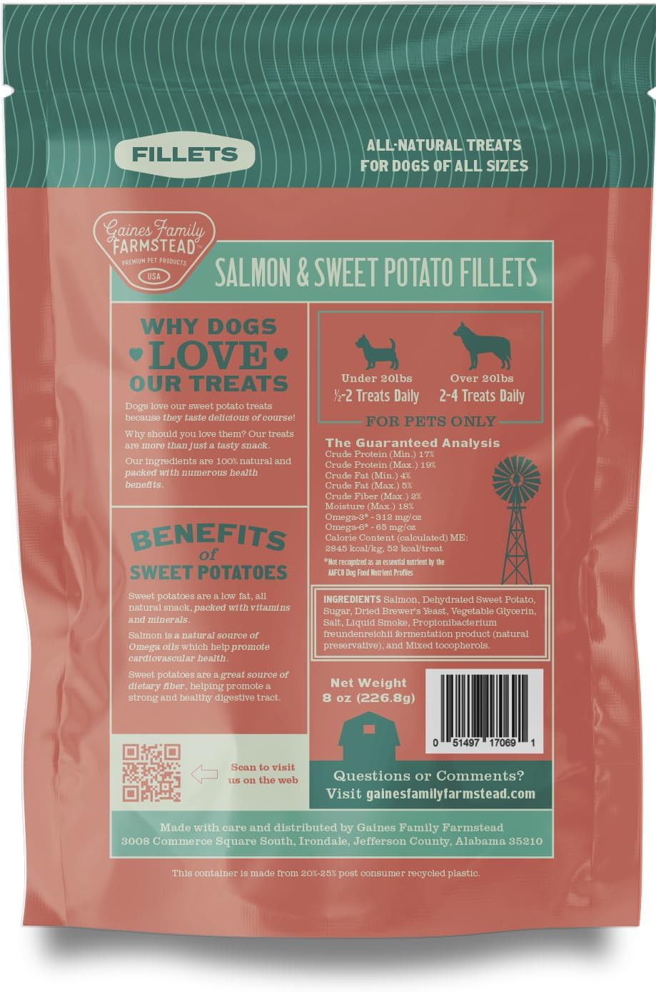 Salmon & Sweet Potato Fillets for Dogs – 8 oz, All-Natural Soft Chews, Wild-Caught Alaskan Salmon, Limited-Ingredient Dog Treats, Made in USA