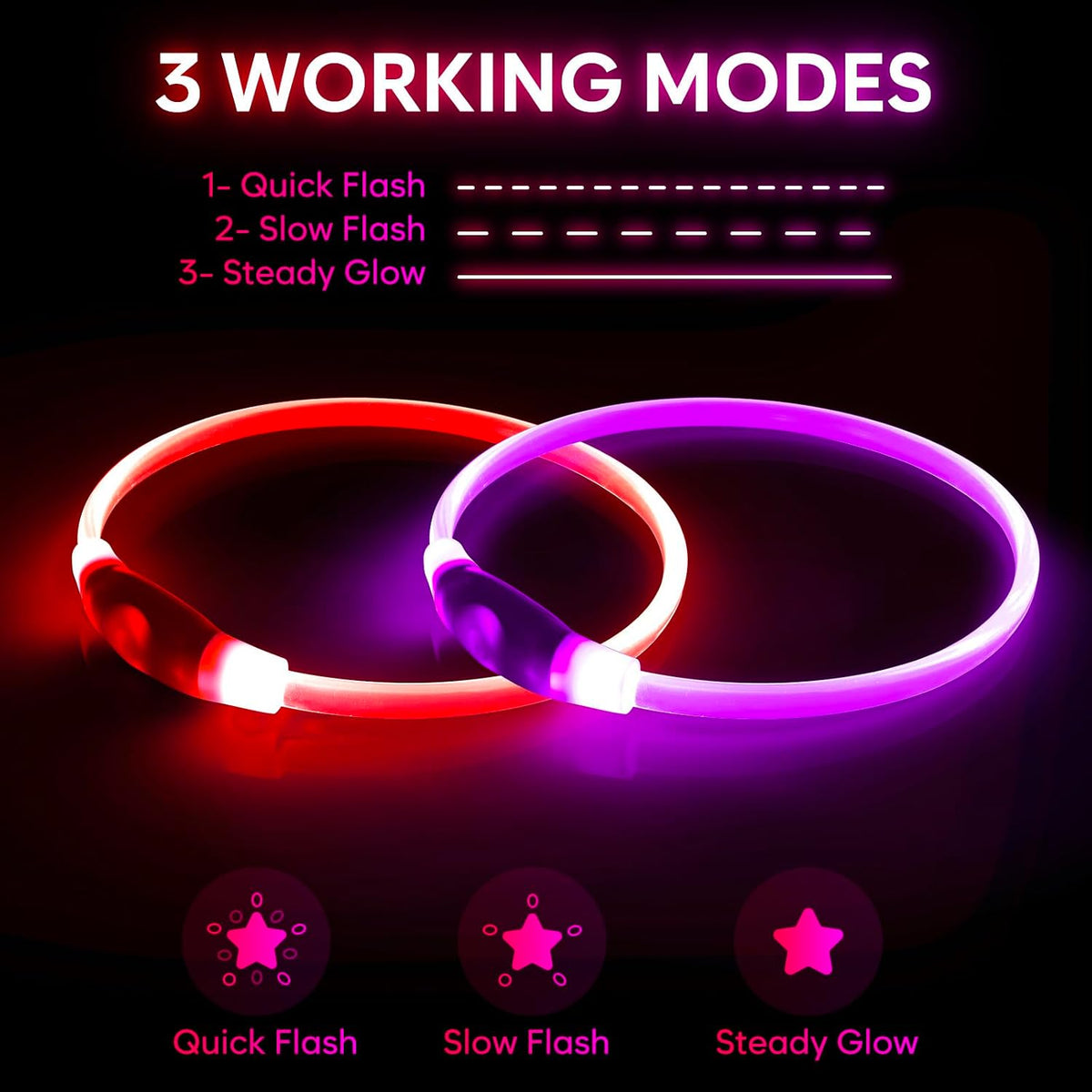 Light Up Dog Collar 2-Pack, USB Rechargeable for Small to Large Dogs