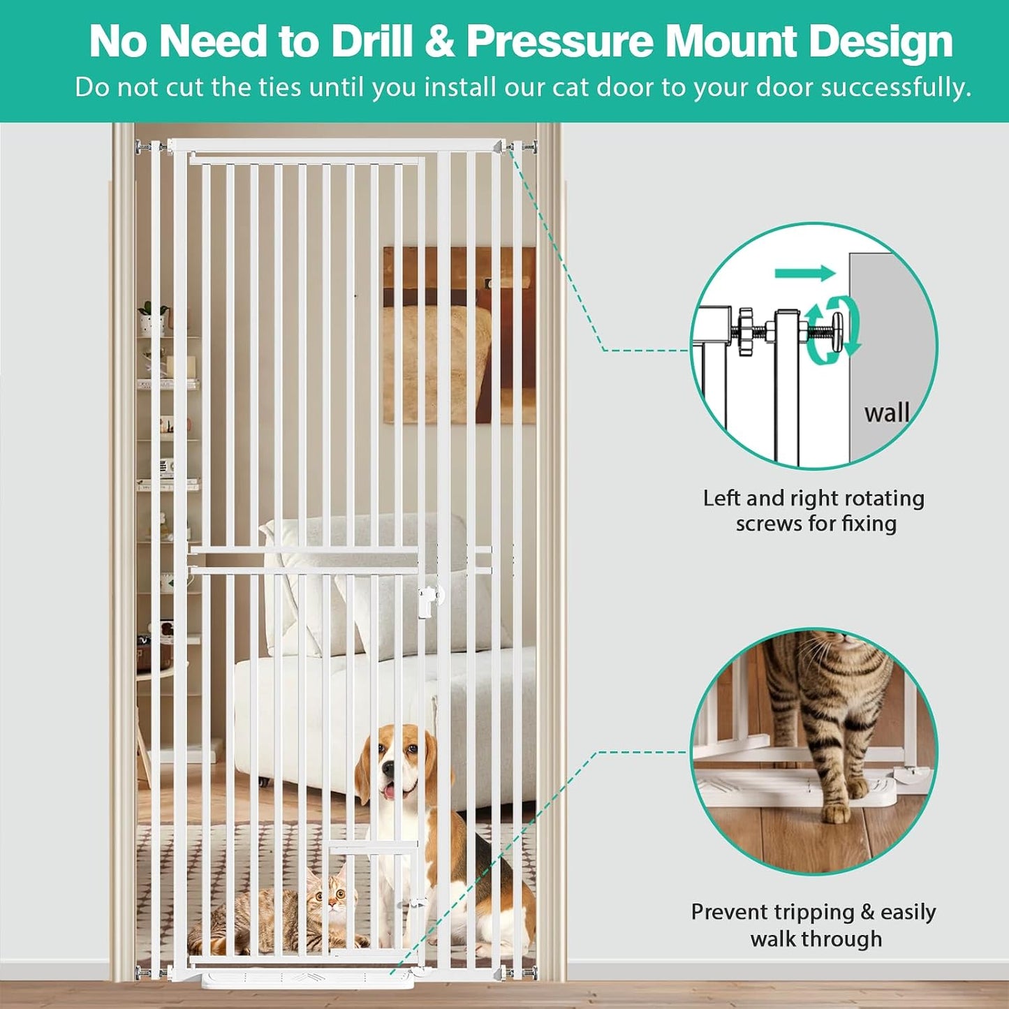 78.7 inch Extra Tall Pet Gates for Cats Dogs, Adjustable 27.5" ~ 37.4" Wide Cat Gate, Pressure Mounted Full Door Pet Gate for Doorway, Stairs,House(White, 78.7")