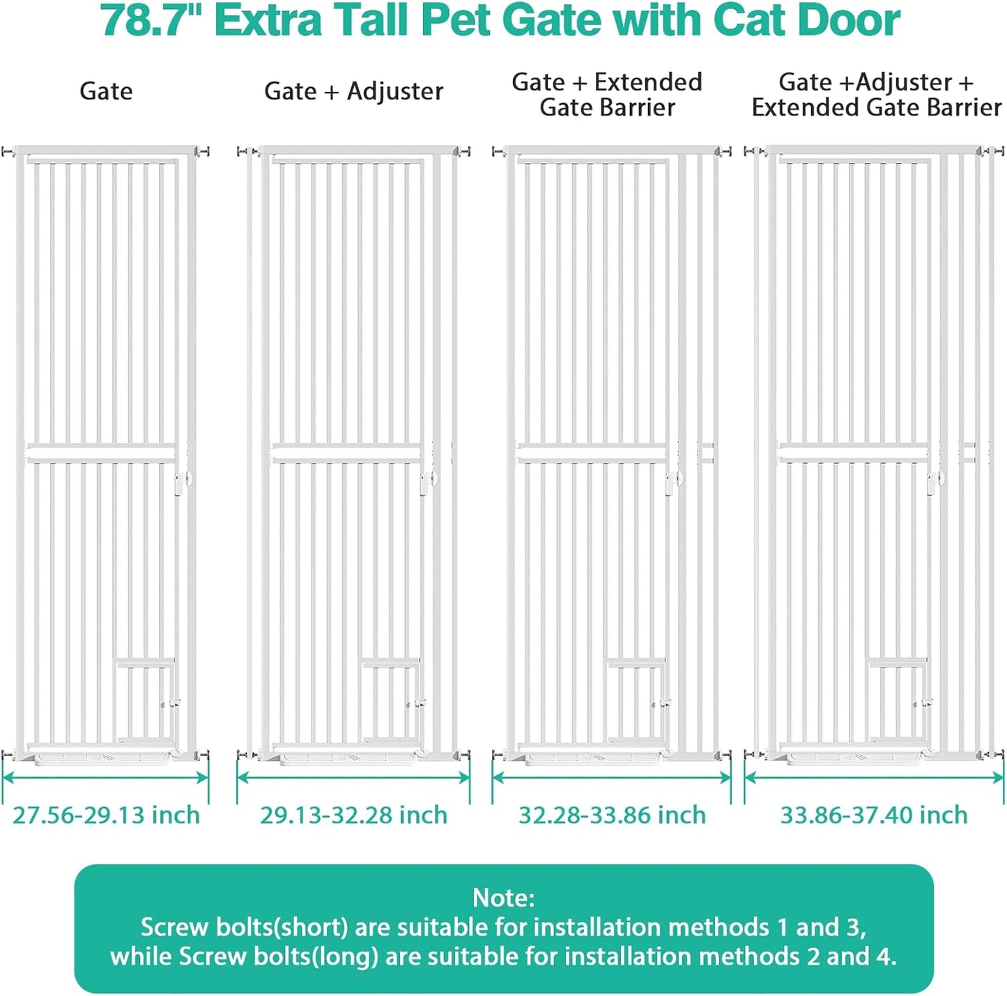 78.7 inch Extra Tall Pet Gates for Cats Dogs, Adjustable 27.5" ~ 37.4" Wide Cat Gate, Pressure Mounted Full Door Pet Gate for Doorway, Stairs,House(White, 78.7")