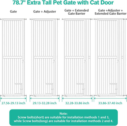 78.7 inch Extra Tall Pet Gates for Cats Dogs, Adjustable 27.5" ~ 37.4" Wide Cat Gate, Pressure Mounted Full Door Pet Gate for Doorway, Stairs,House(White, 78.7")