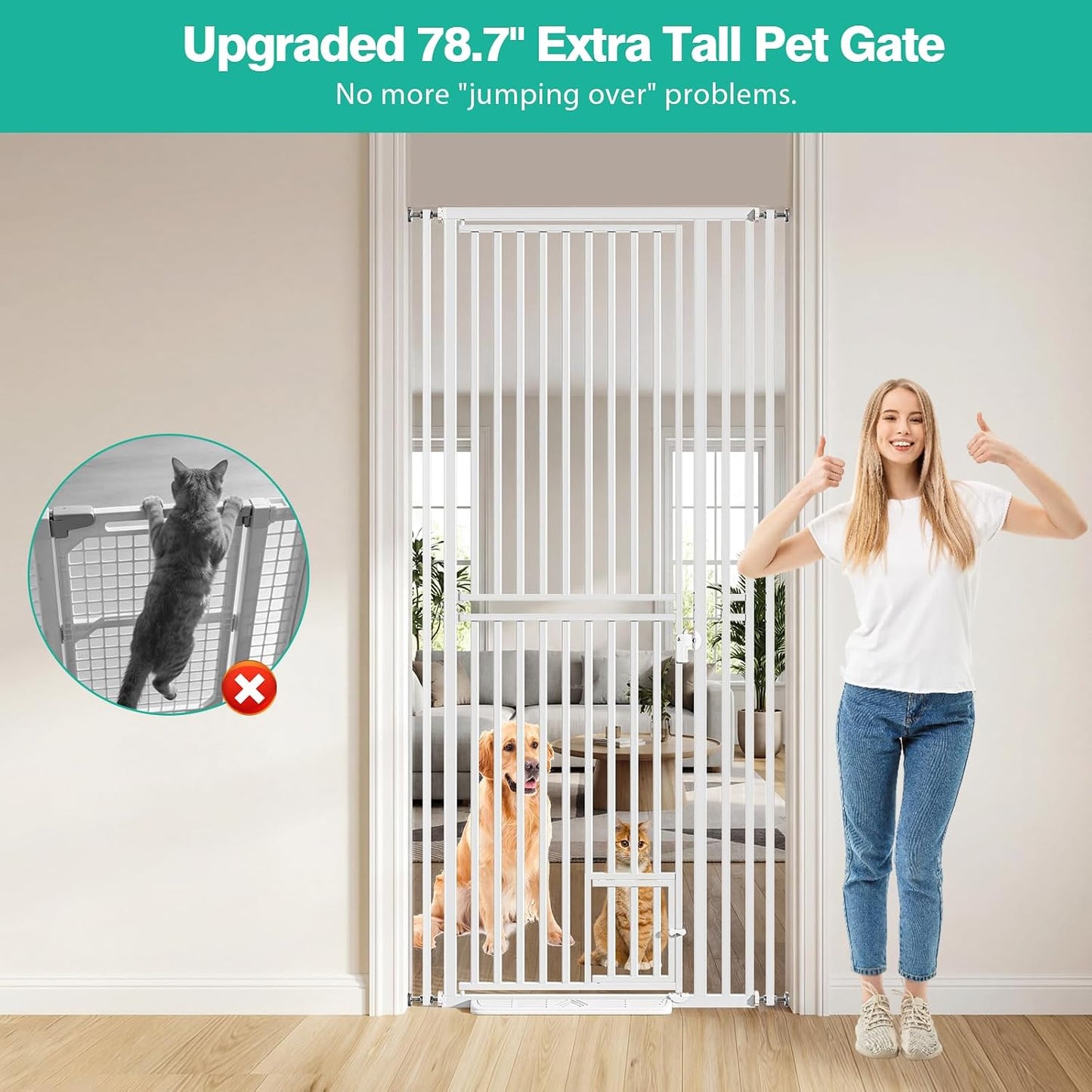 78.7 inch Extra Tall Pet Gates for Cats Dogs, Adjustable 27.5" ~ 37.4" Wide Cat Gate, Pressure Mounted Full Door Pet Gate for Doorway, Stairs,House(White, 78.7")