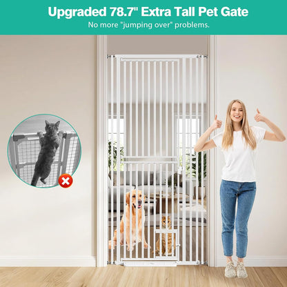 78.7 inch Extra Tall Pet Gates for Cats Dogs, Adjustable 27.5" ~ 37.4" Wide Cat Gate, Pressure Mounted Full Door Pet Gate for Doorway, Stairs,House(White, 78.7")