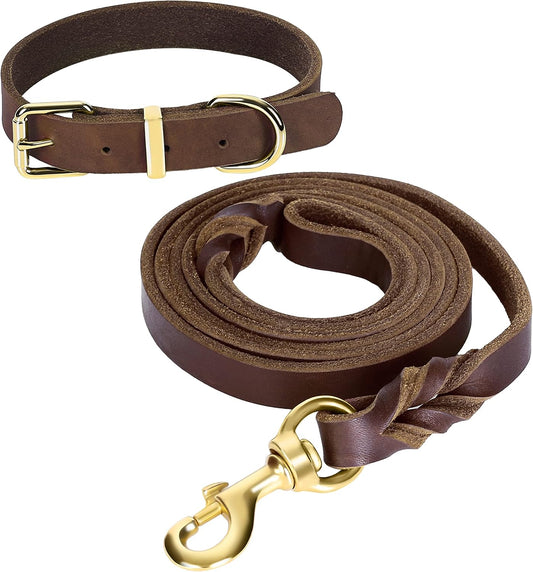 5ft Leather Dog Leash and Collar Set, Soft Braided Leather Dog Leash 5ft with Adjustable Dog Collar, Heavy Duty Leather Dog Collar and Leash Set Combo for Small Medium Large Dogs
