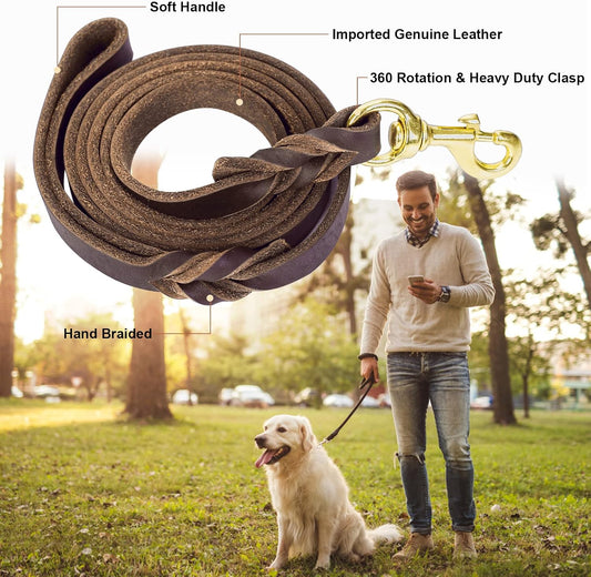 5ft Leather Dog Leash and Collar Set, Soft Braided Leather Dog Leash 5ft with Adjustable Dog Collar, Heavy Duty Leather Dog Collar and Leash Set Combo for Small Medium Large Dogs