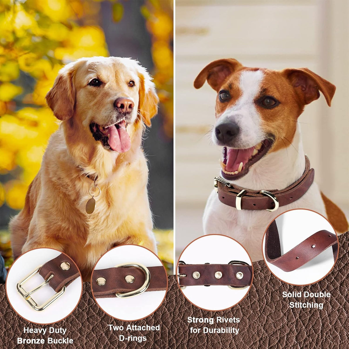 5ft Leather Dog Leash and Collar Set, Soft Braided Leather Dog Leash 5ft with Adjustable Dog Collar, Heavy Duty Leather Dog Collar and Leash Set Combo for Small Medium Large Dogs